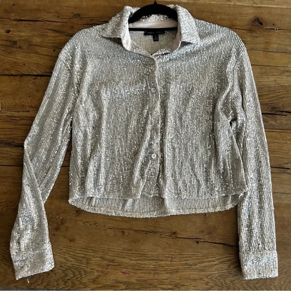 Boxy sparkle sequined button up blouse shirt silver nwot - Picture 5 of 5
